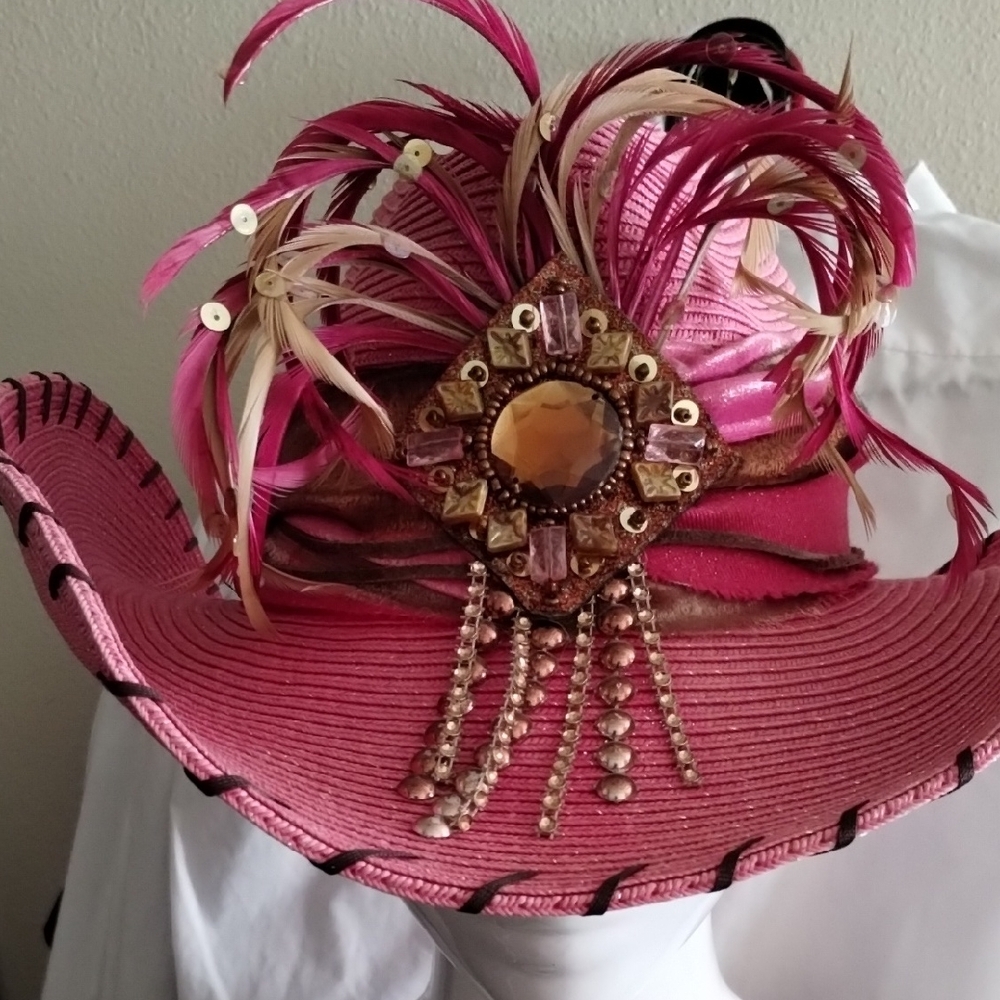 Pink and Brown Feathered Hat with Jeweled Brooch